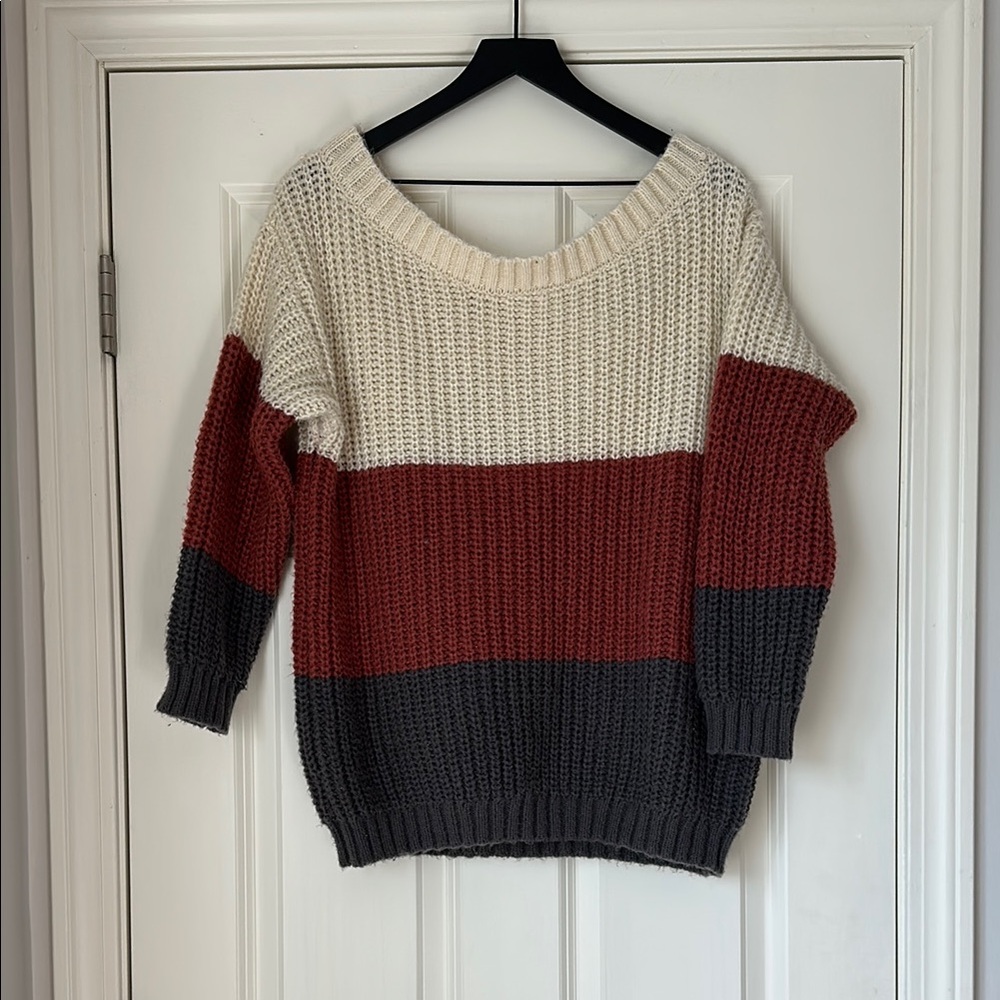 Cozy Colorblock Knit Sweater - Cream, Rust, and Gray